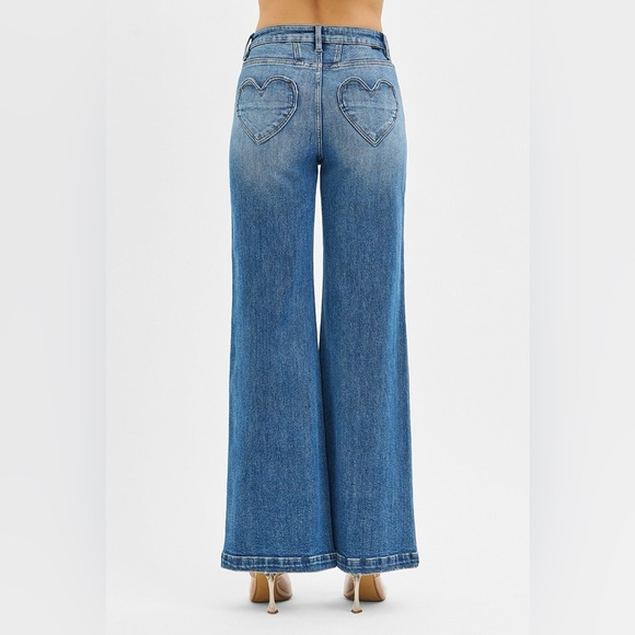 RISEN High Rise Wide Leg Jeans with Front Yoke and Heart Back Pocket - Picture 5 of 8